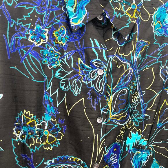 Chico's Design 100% SILK Black Embroidered Floral Button-Up Blouse Sz 2 (L/12) - Picture 3 of 7